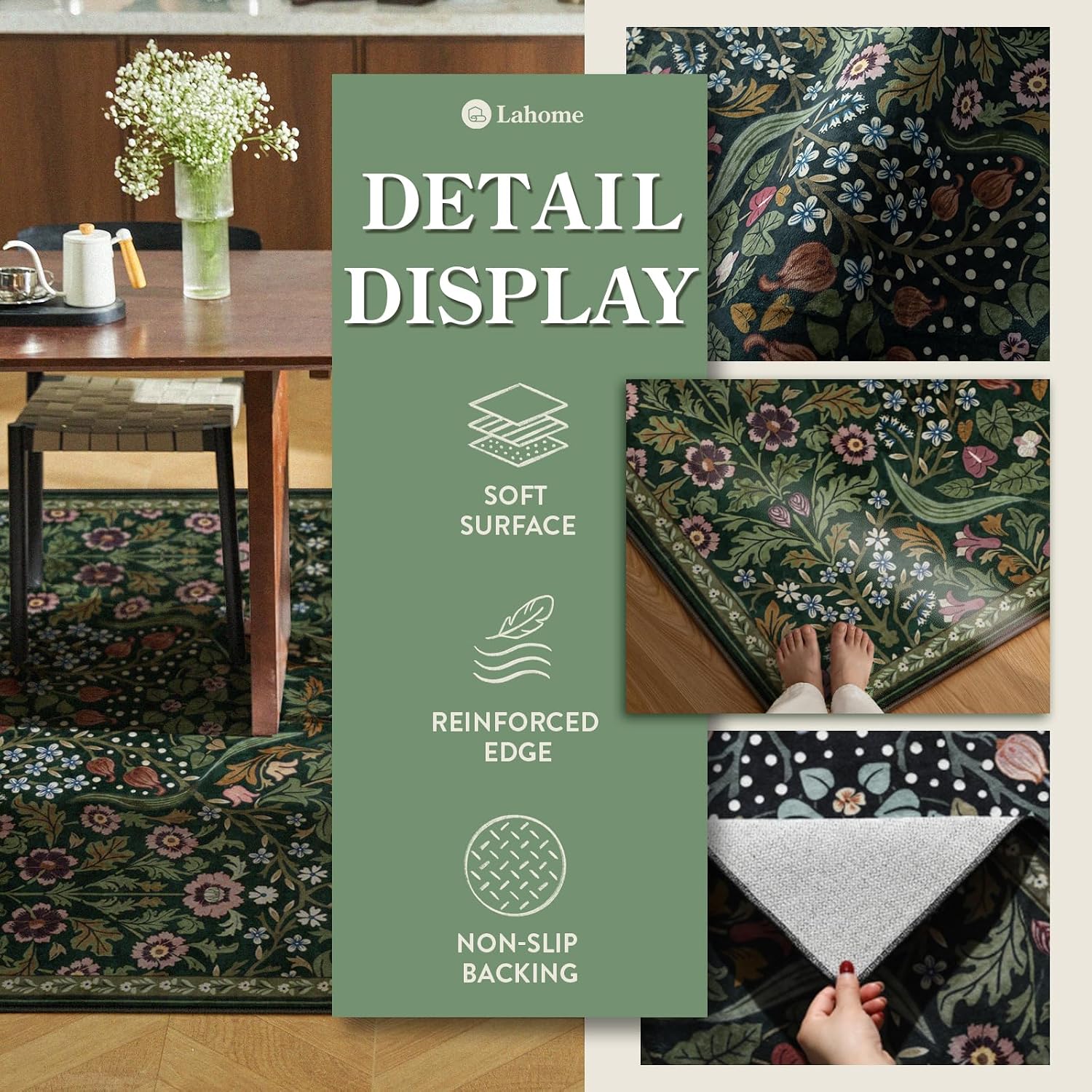 Green Floral Washable Area Rug 5x7