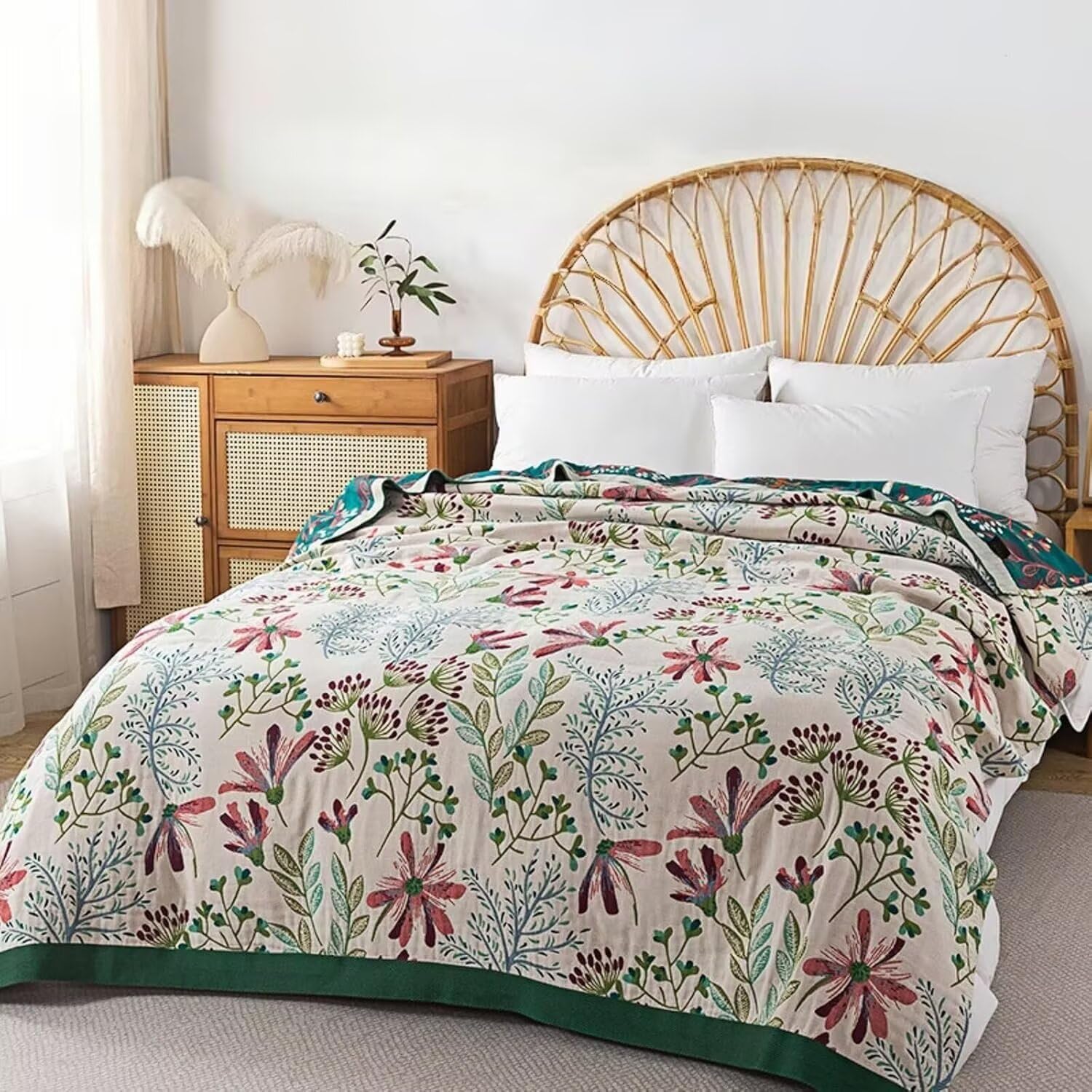 Green Woven Cotton Boho Throw Blanket 60"x80"