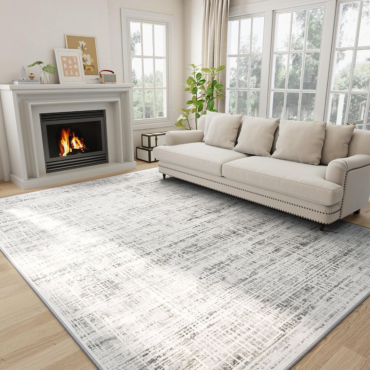 White Gray Abstract Washable Area Rug 8x10