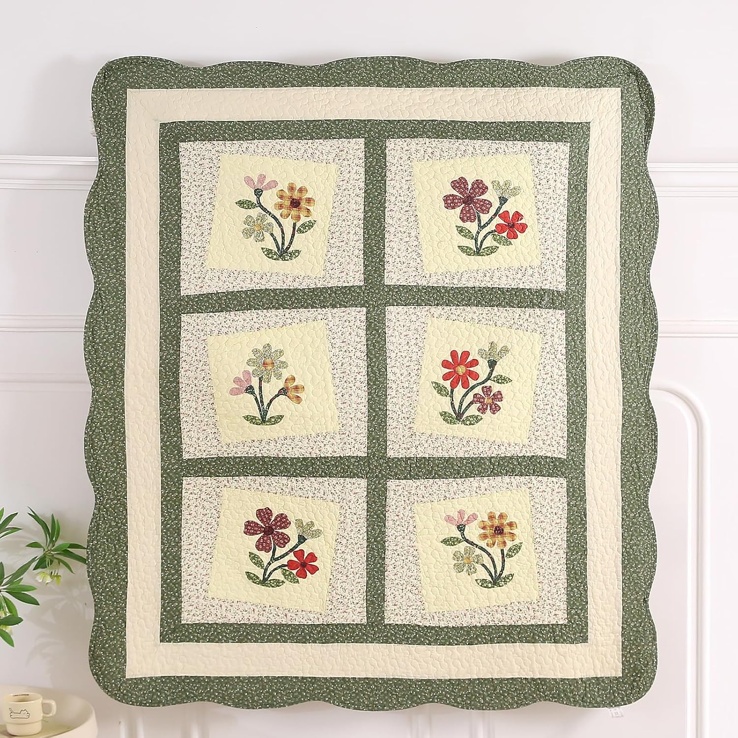 Green Floral Embroidered Reversible Cotton Quilted Throw 50"x60"