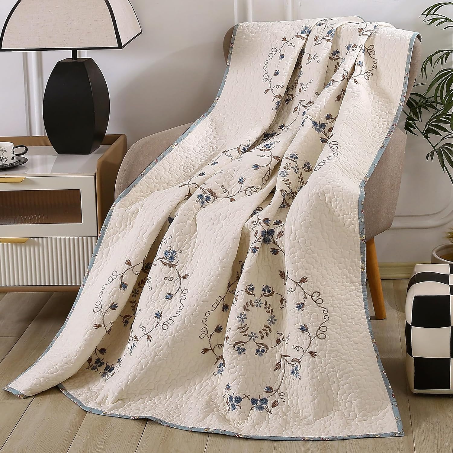Blue Embroidered Floral Reversible Cotton Throw 50"x60"