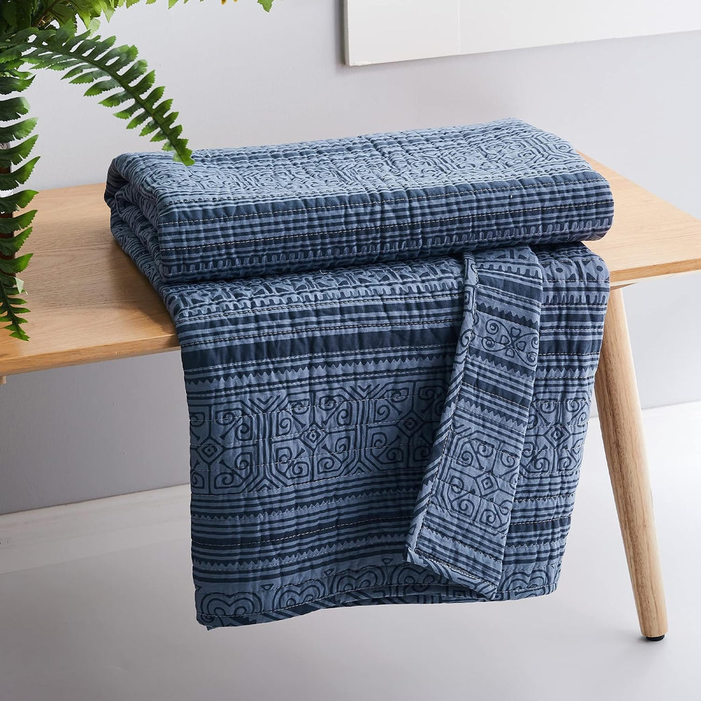 Navy Blue Global Stripe Reversible Cotton Quilted Throw 50x60in