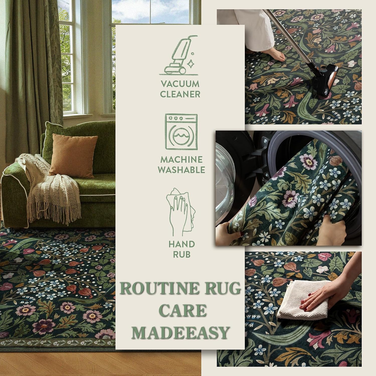 Green Floral Washable Area Rug 5x7