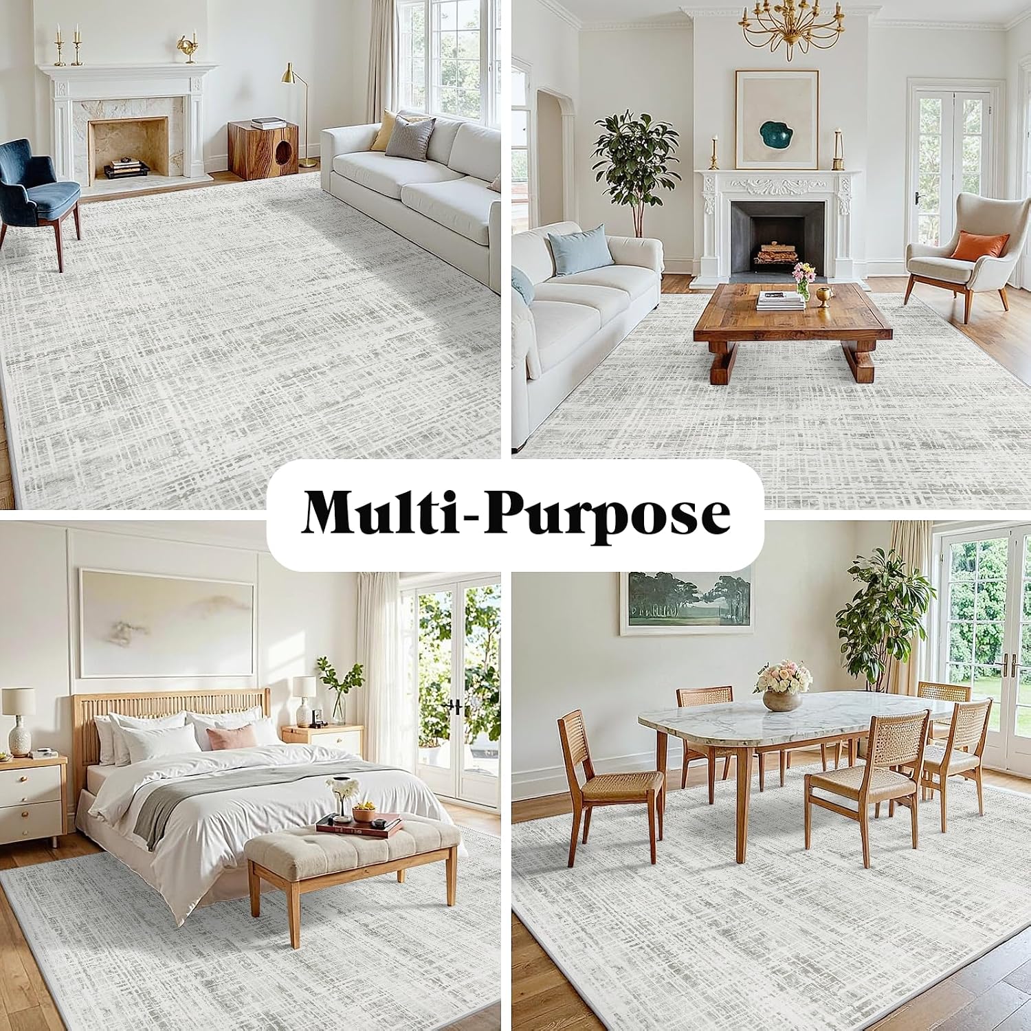 White Gray Abstract Washable Area Rug 8x10