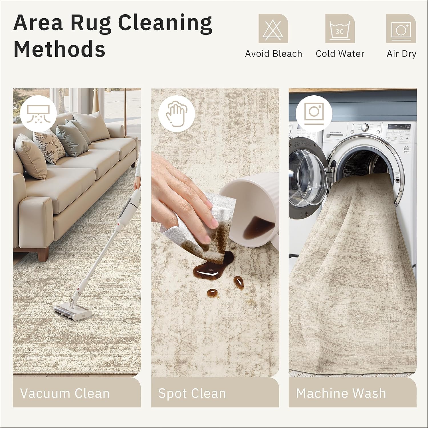 Beige Washable Large Vintage Rug