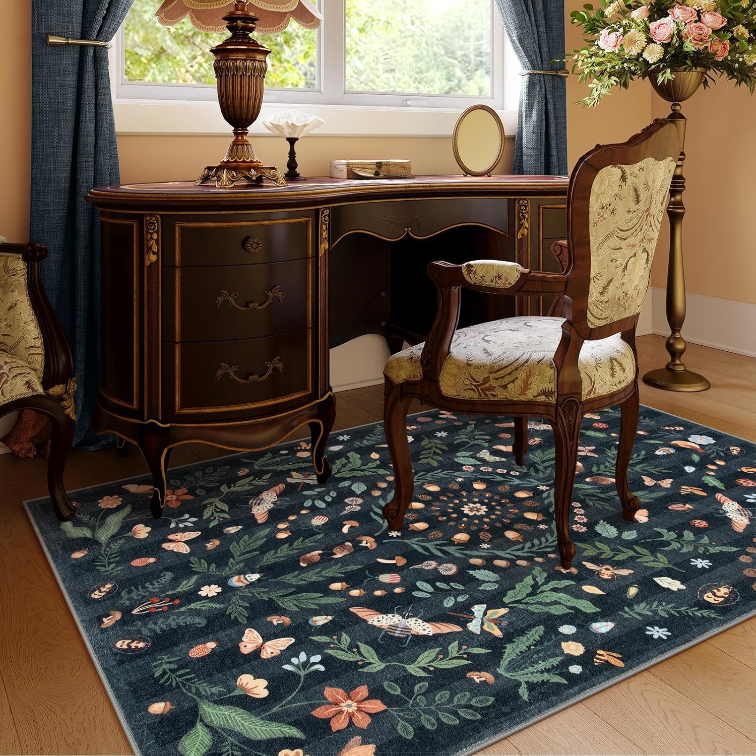 Black Botanical Washable Entryway Rug