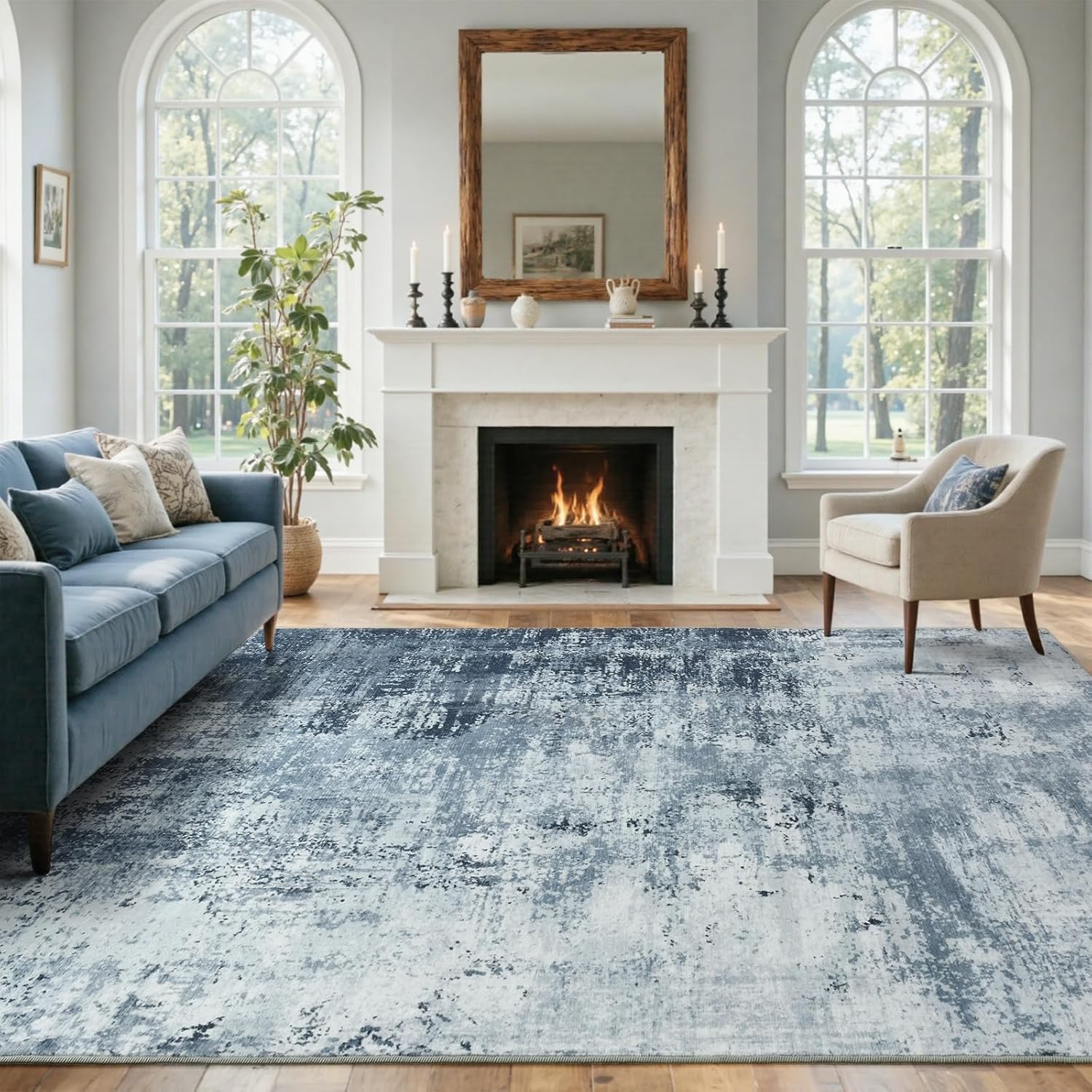 Blue Abstract Washable Large Area Rug