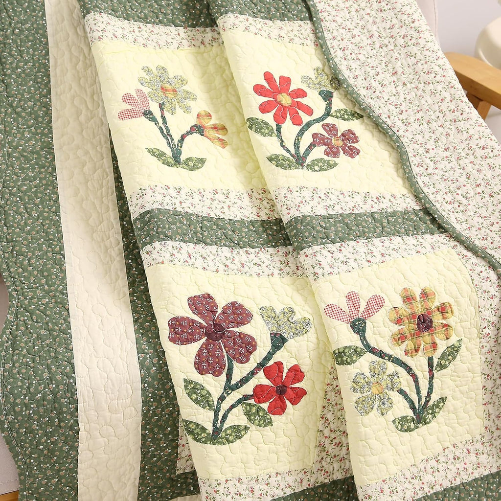 Green Floral Embroidered Reversible Cotton Quilted Throw 50"x60"