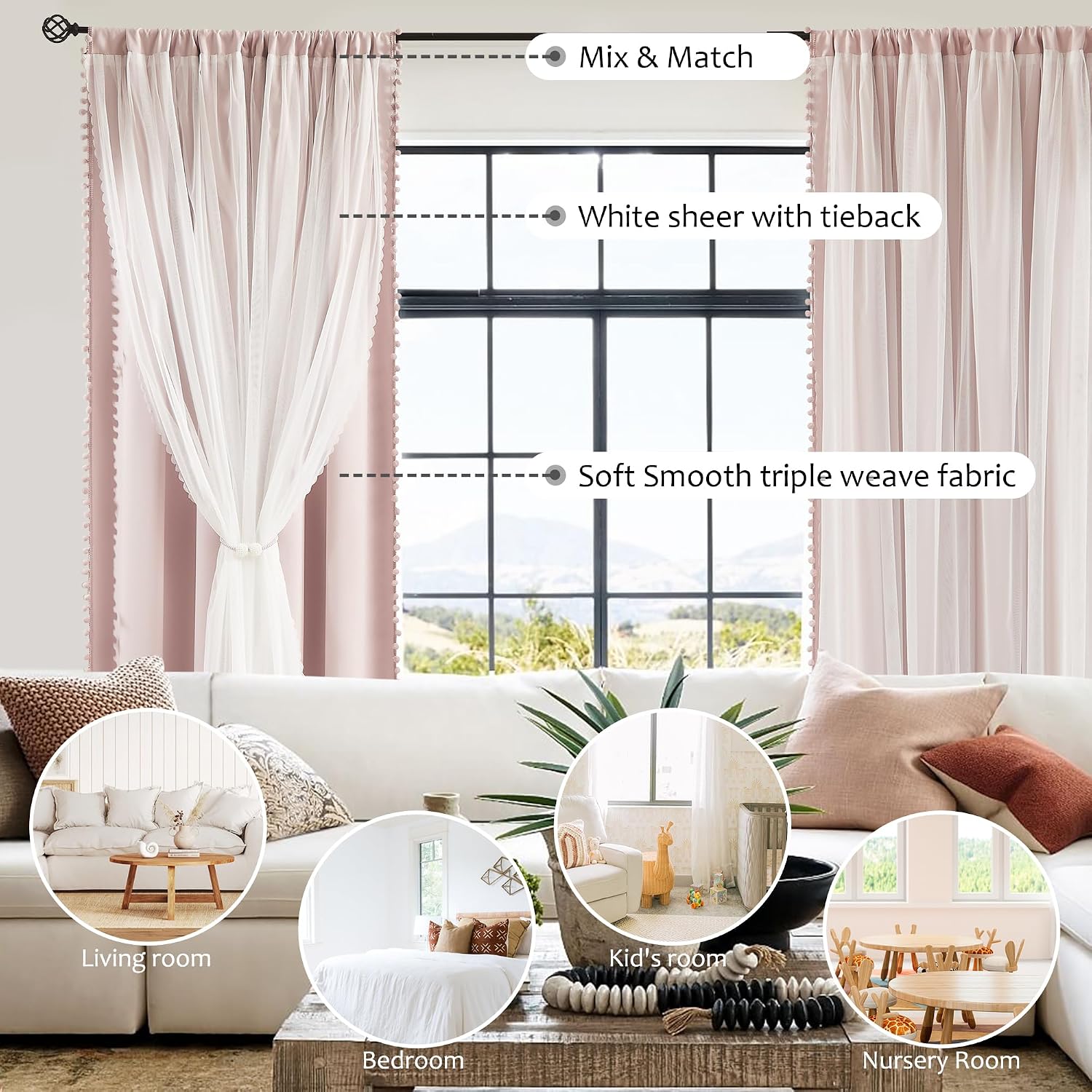 Pink Pom Pom Double Layer Blackout Curtains 52Wx84L