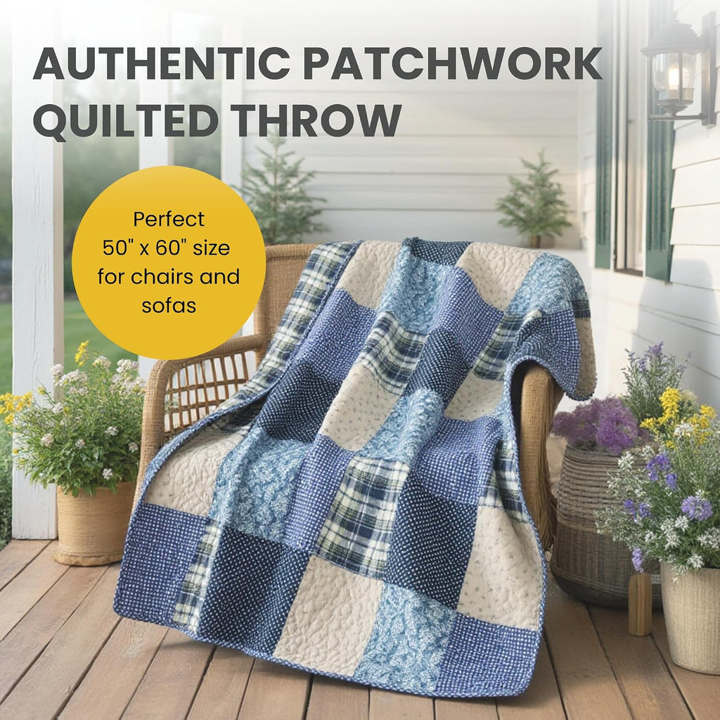 Blue Plaid Patchwork Cotton Quilted Throw 50"x60"