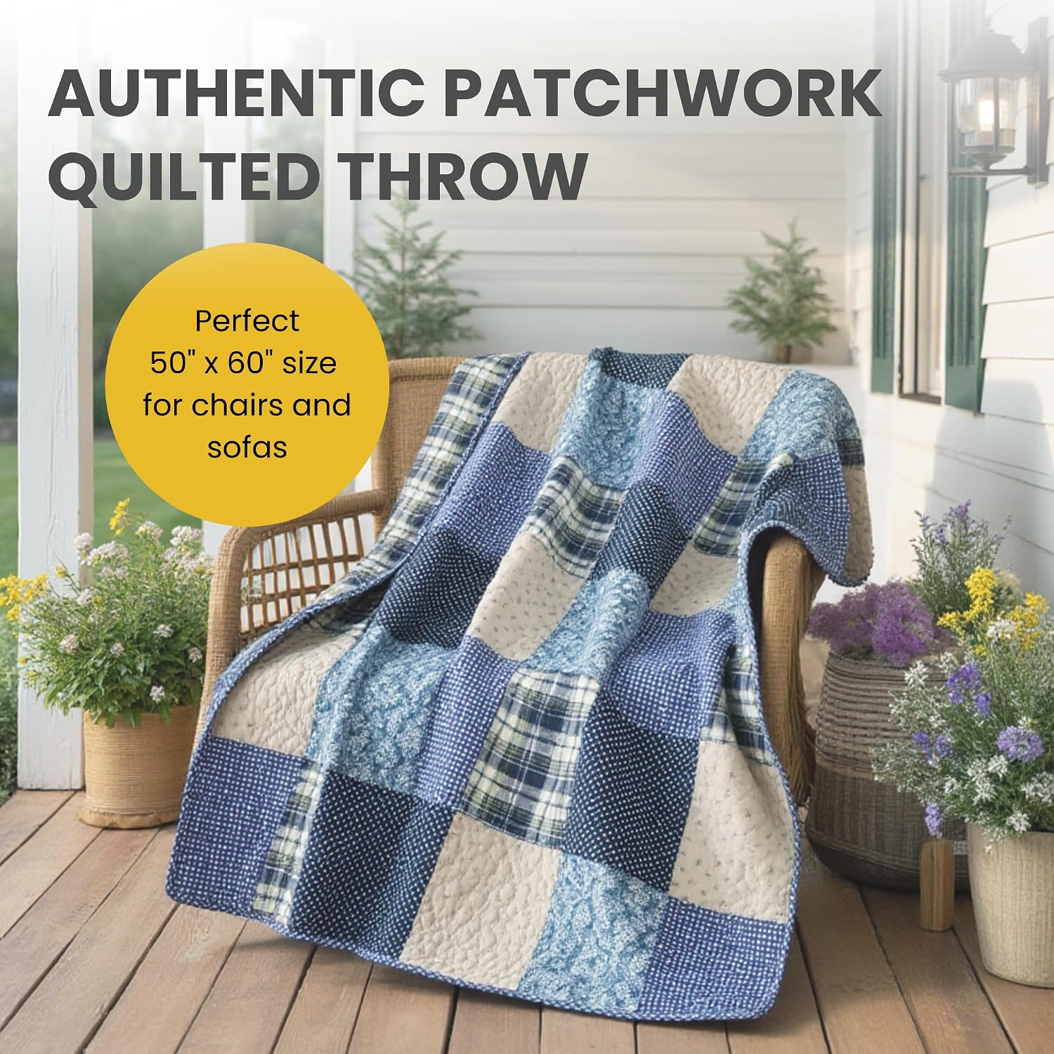 Blue Plaid Patchwork Cotton Quilted Throw 50"x60"