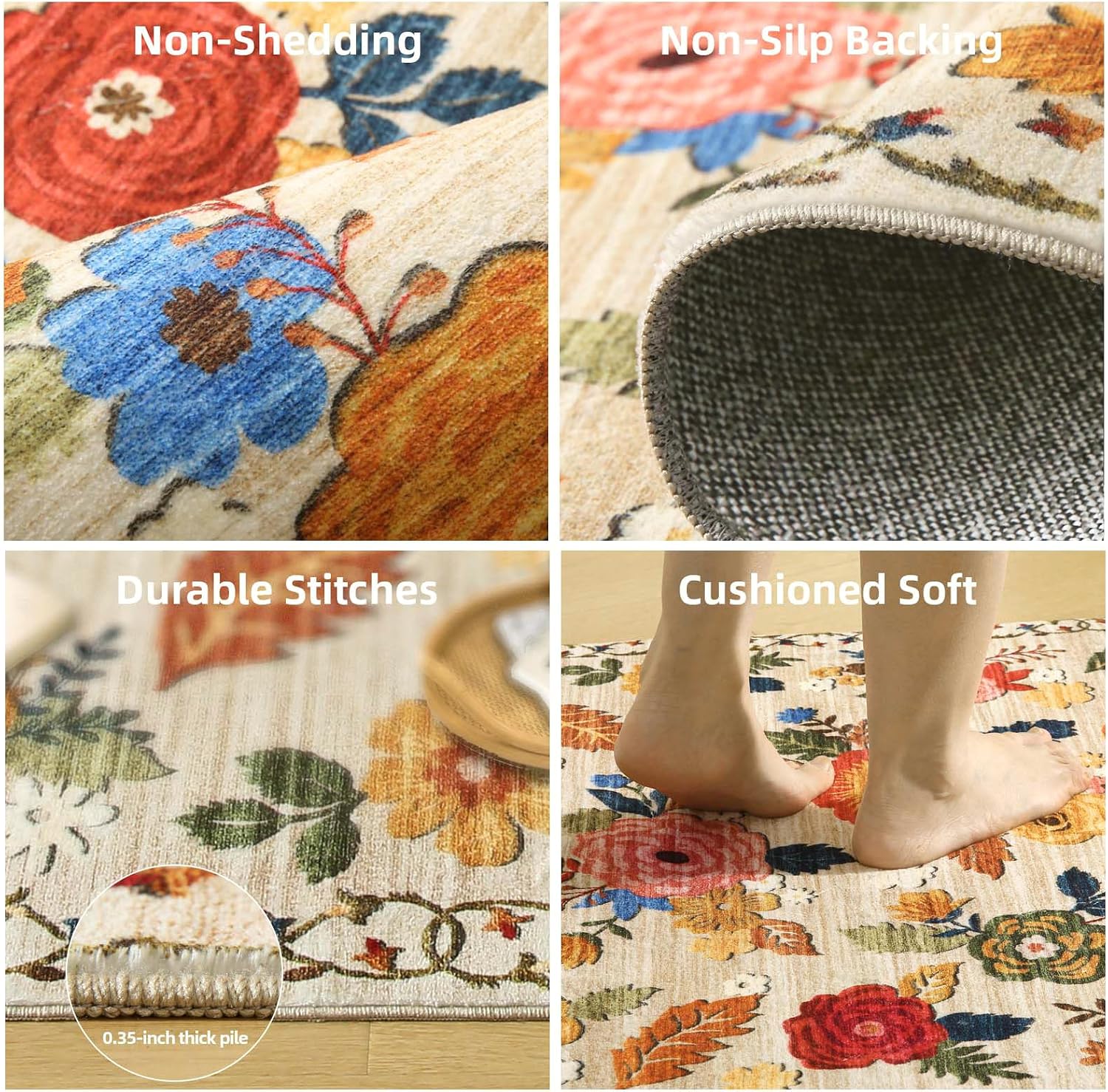 Washable Vintage Floral Area Rug
