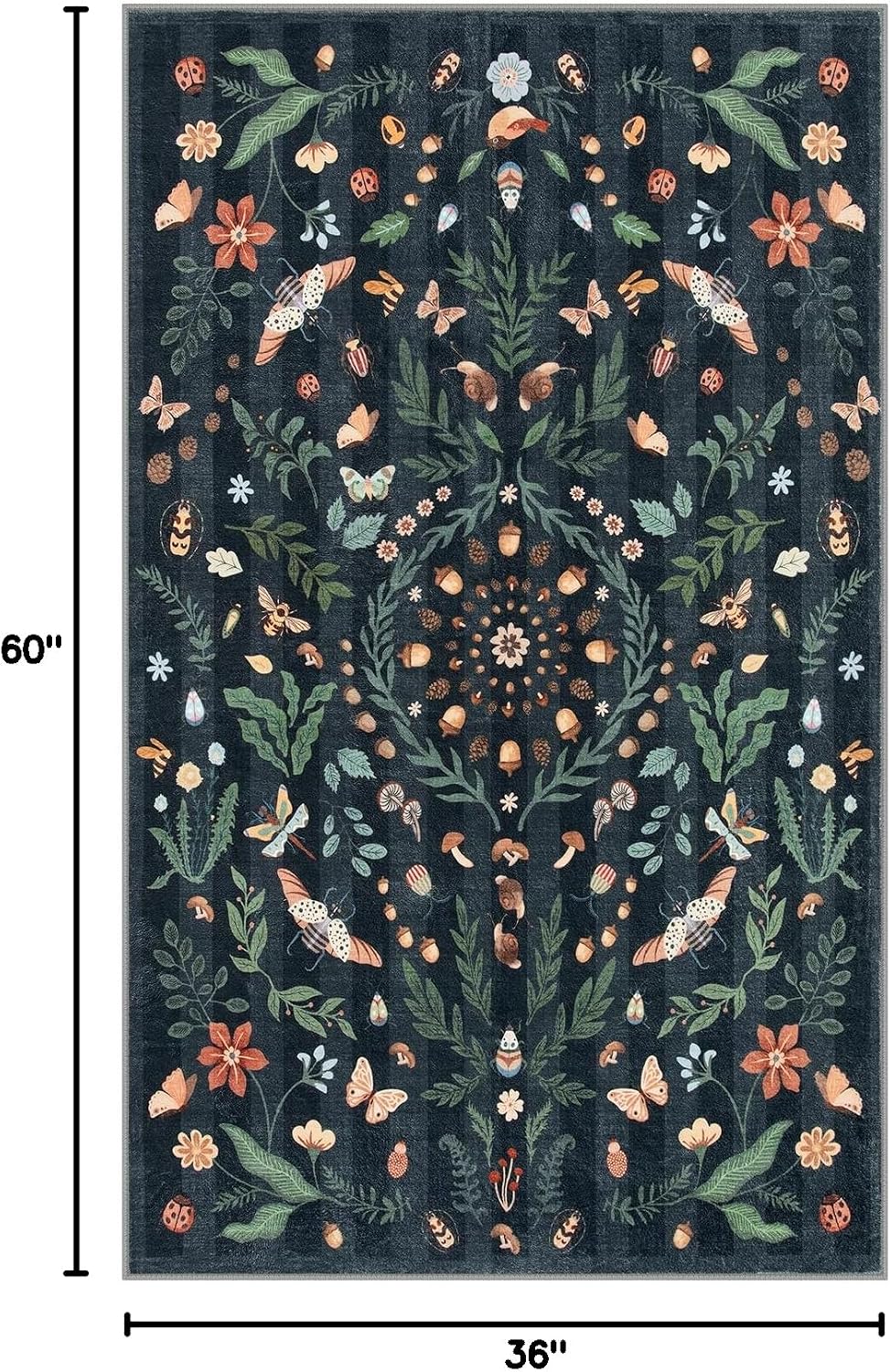 Black Botanical Washable Entryway Rug