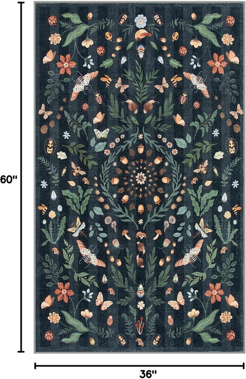 Black Botanical Washable Entryway Rug