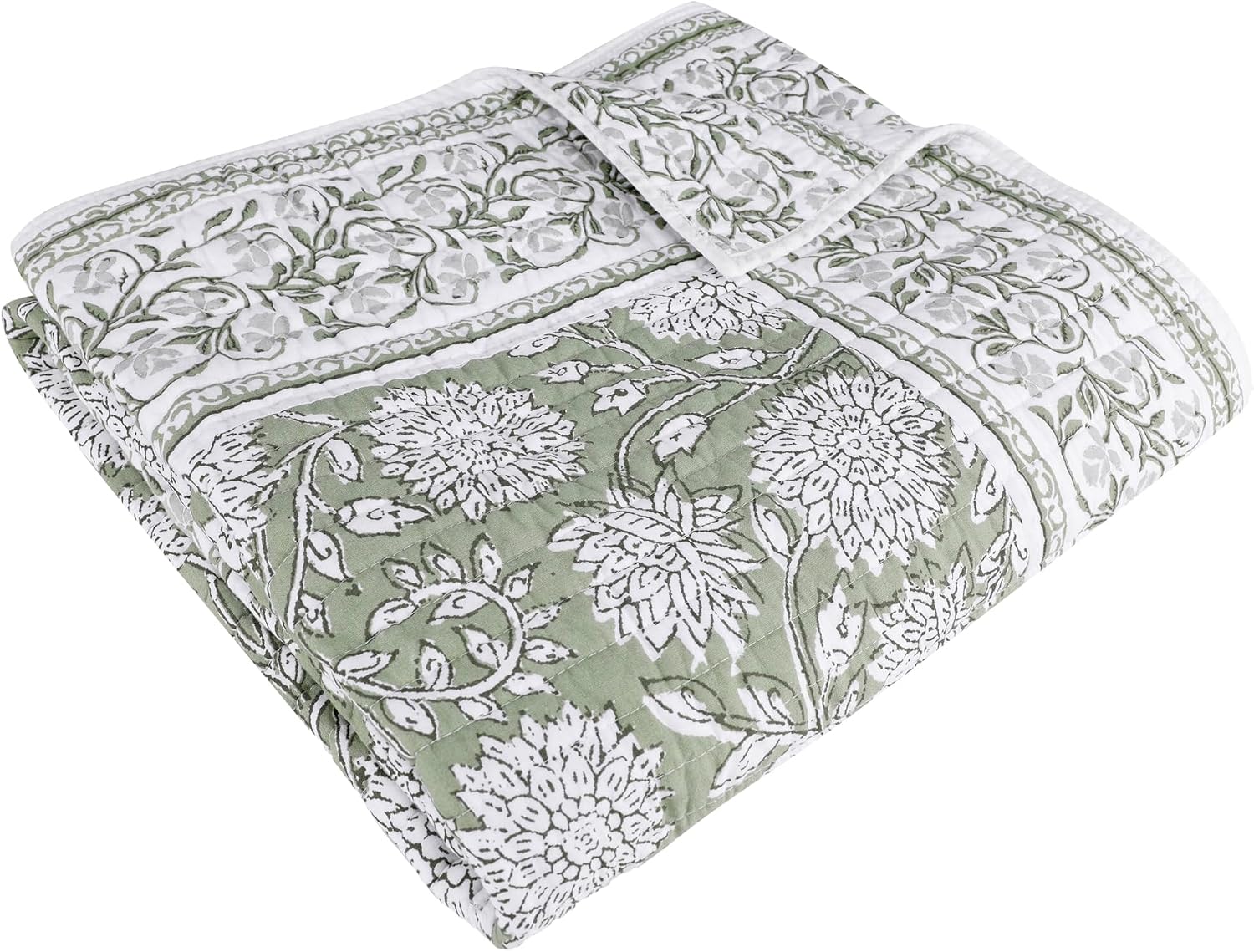 Sage White Floral Reversible Cotton Quilted Throw 50x60in