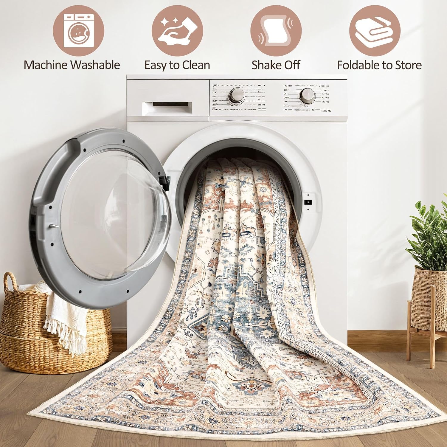 Beige Blue Washable Boho Area Rug