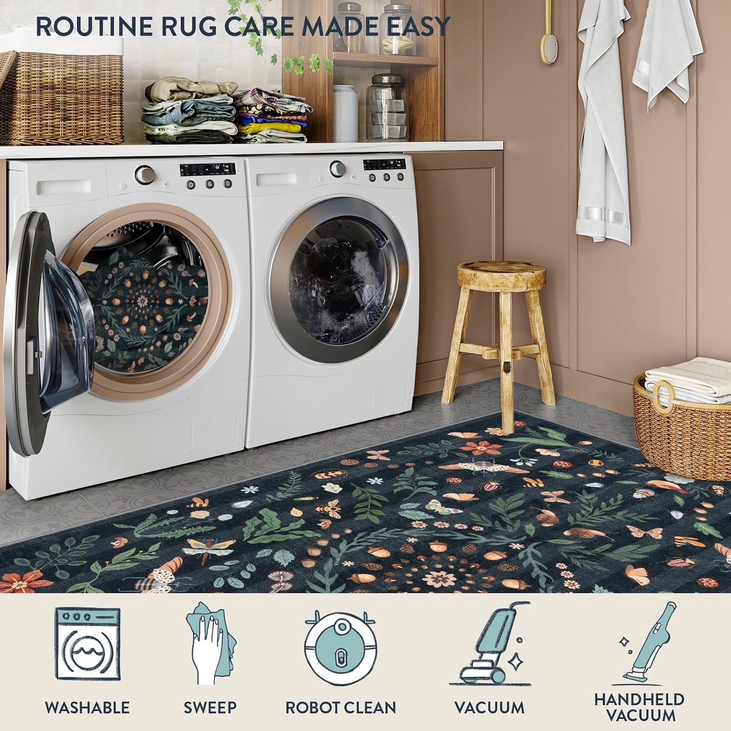 Black Botanical Washable Entryway Rug