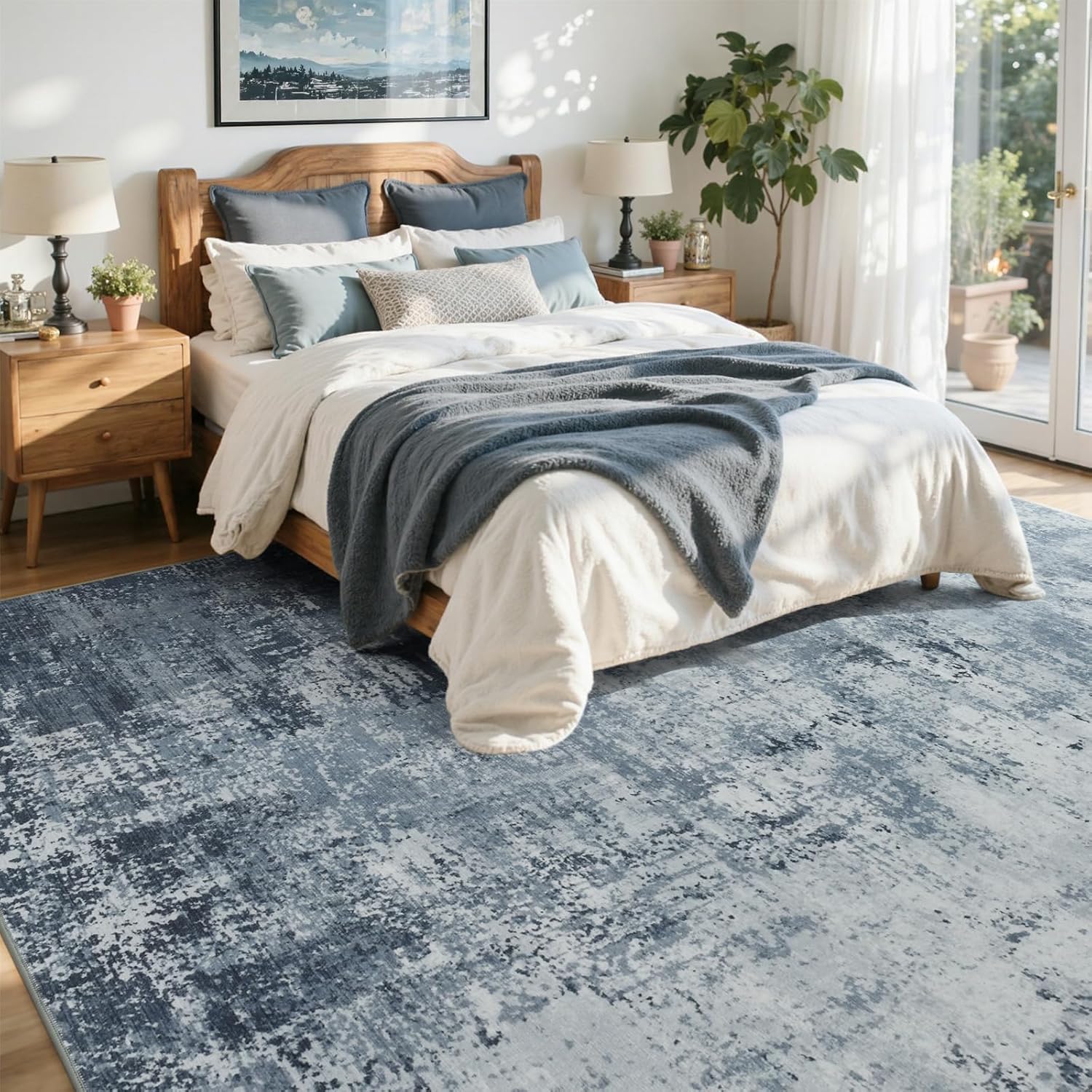 Blue Abstract Washable Large Area Rug