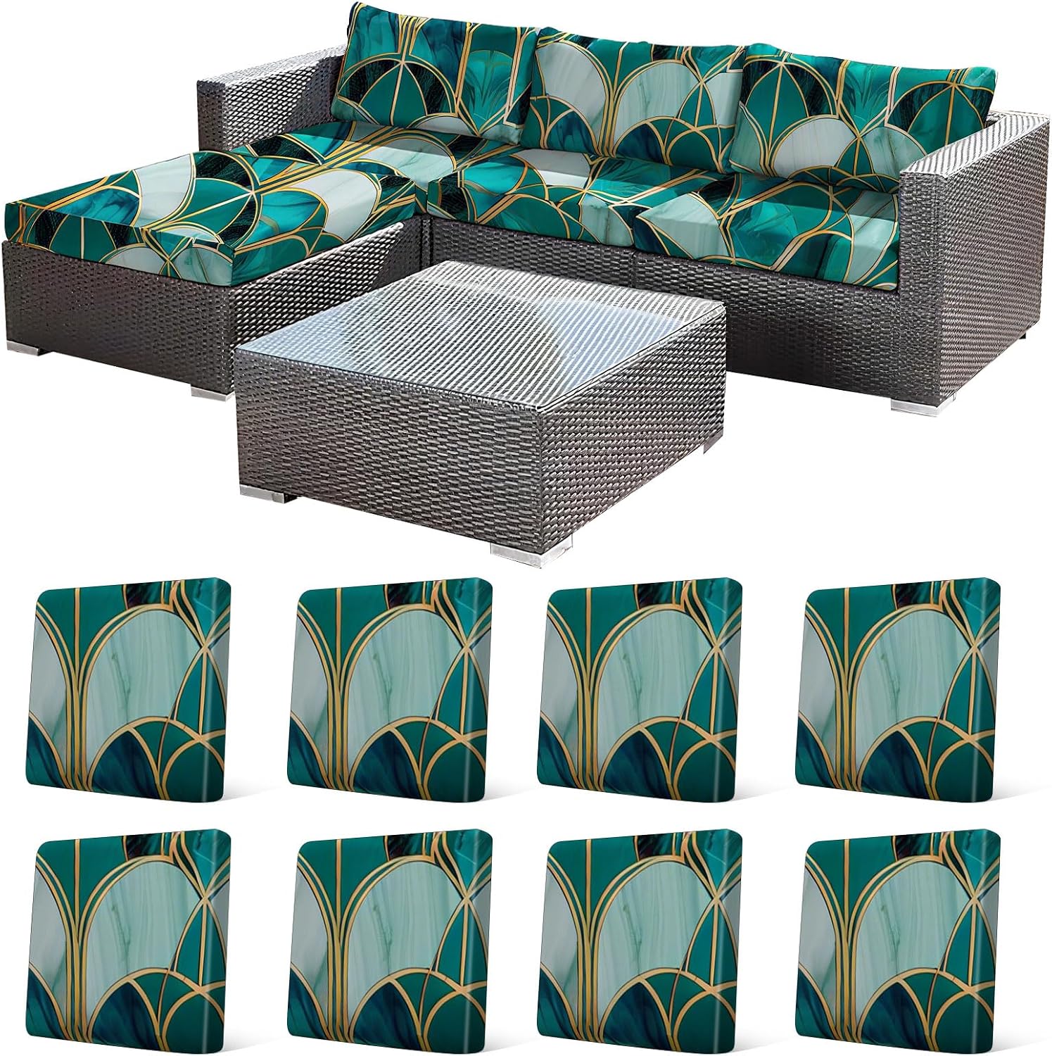 Green Art Deco Geometric Patio Cushion Covers 8Pcs