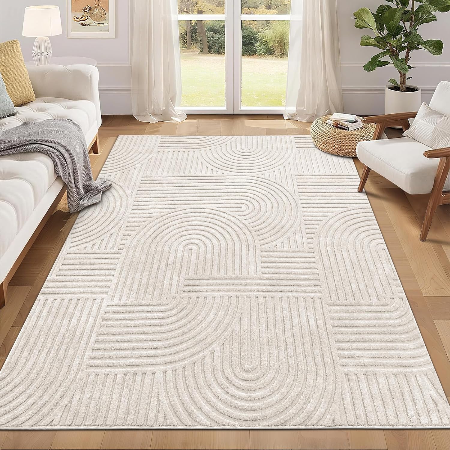 Beige Solid Washable Boho Area Rug