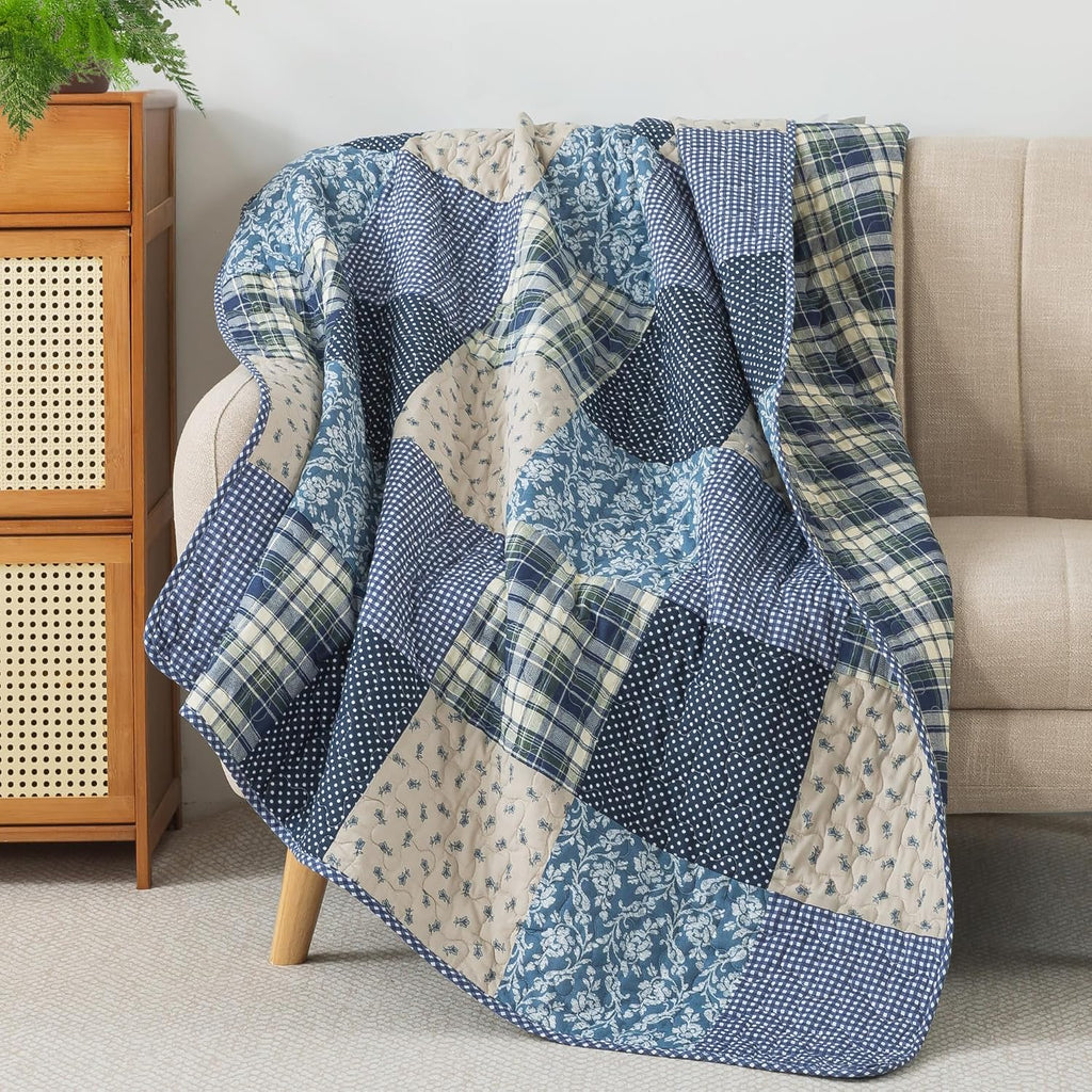 Blue Plaid Patchwork Cotton Quilted Throw 50"x60"