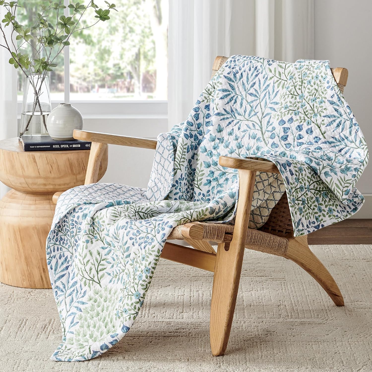 Forest Green Leaves Cotton Quilted Throw 50x60in