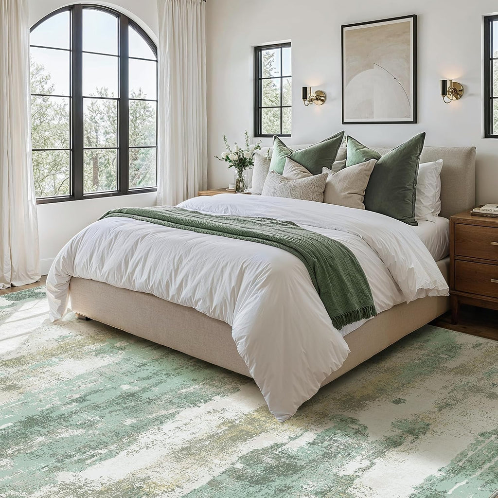 Light Green Abstract Washable Area Rug