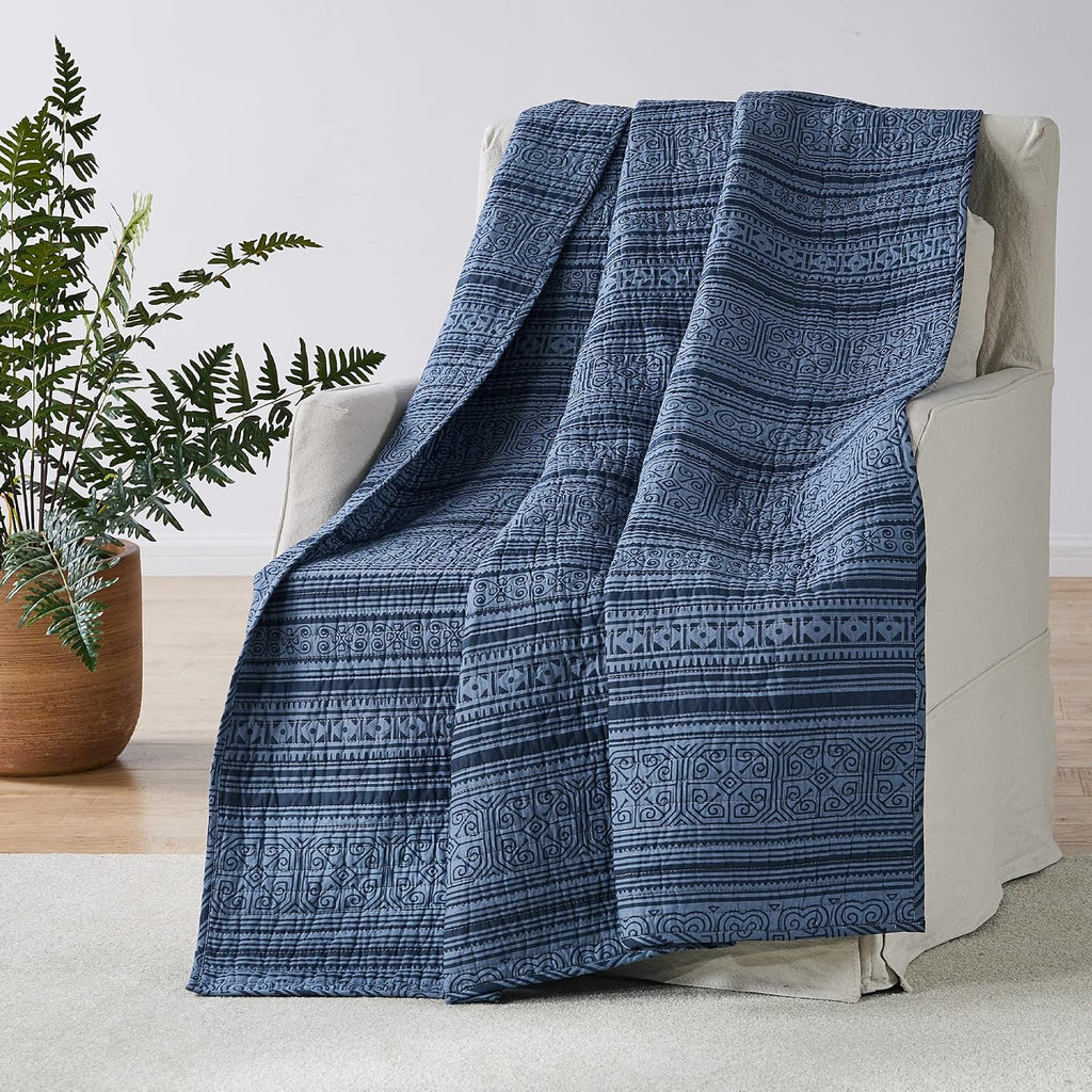 Navy Blue Global Stripe Reversible Cotton Quilted Throw 50x60in