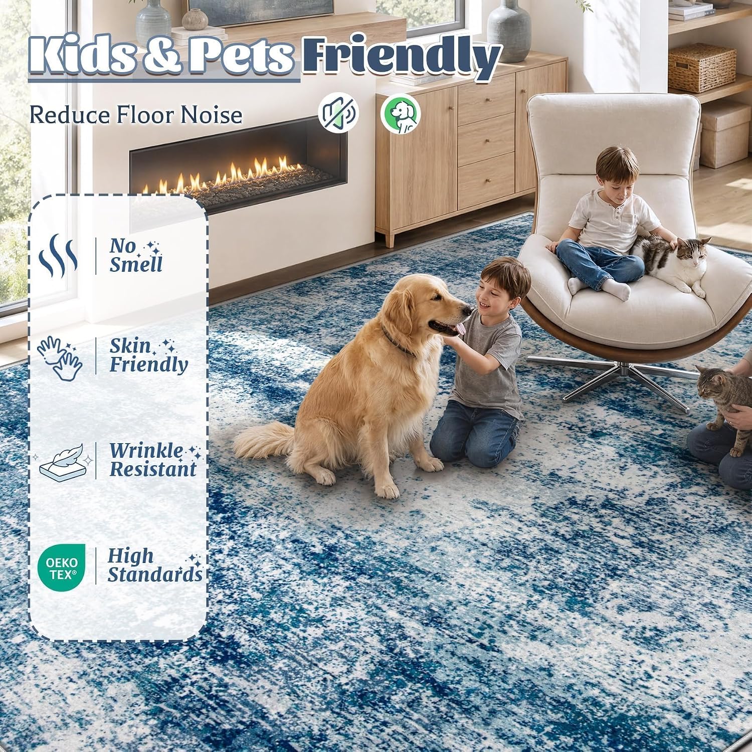 Blue Abstract Washable Large Area Rug