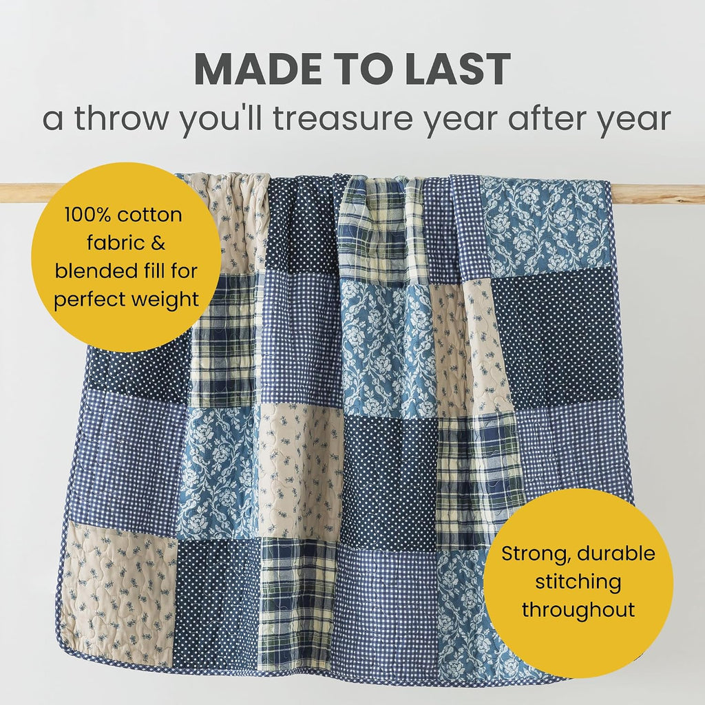 Blue Plaid Patchwork Cotton Quilted Throw 50"x60"