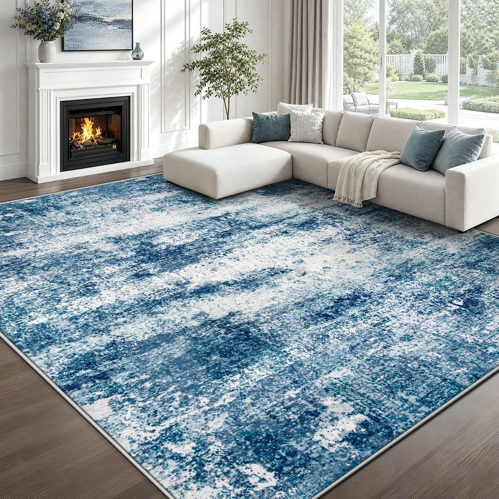 Blue Abstract Washable Large Area Rug