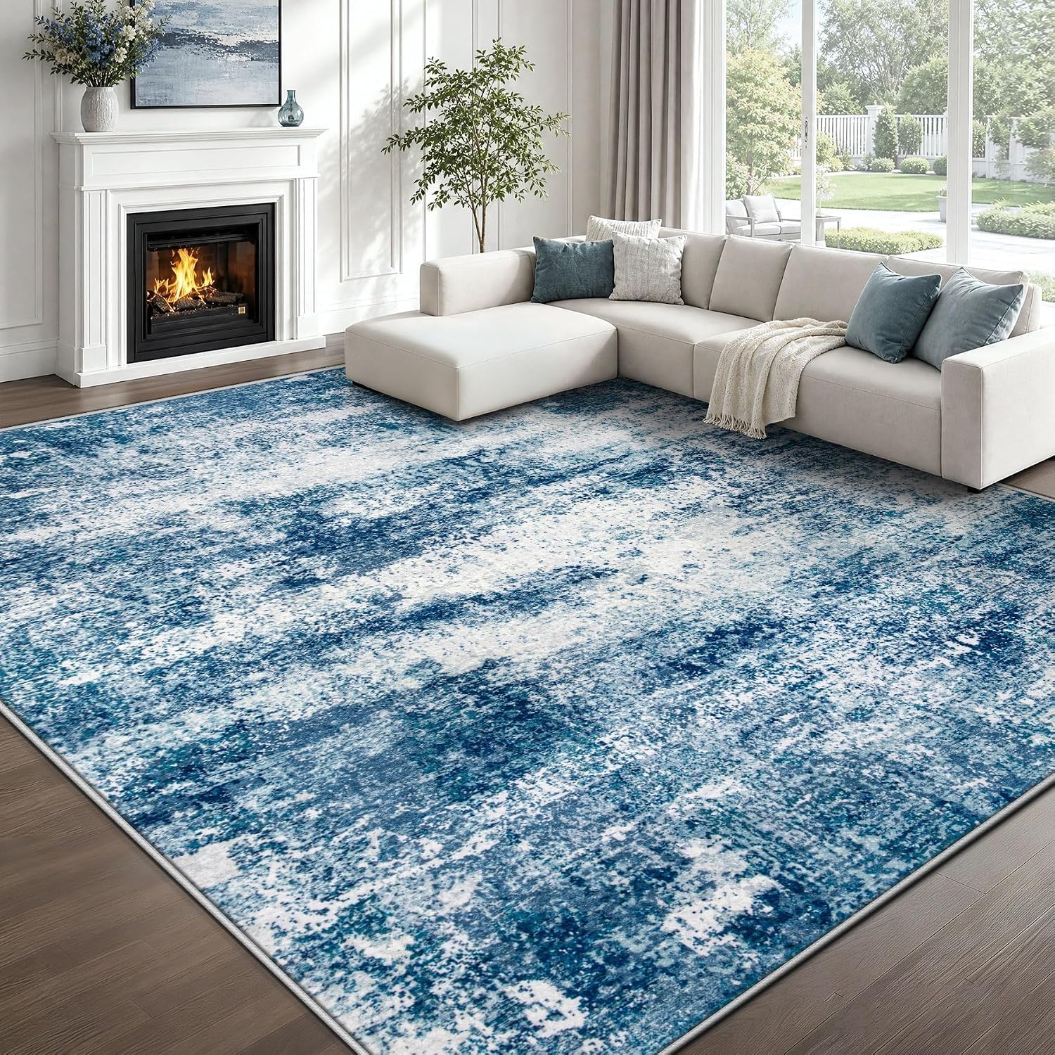 Blue Abstract Washable Large Area Rug