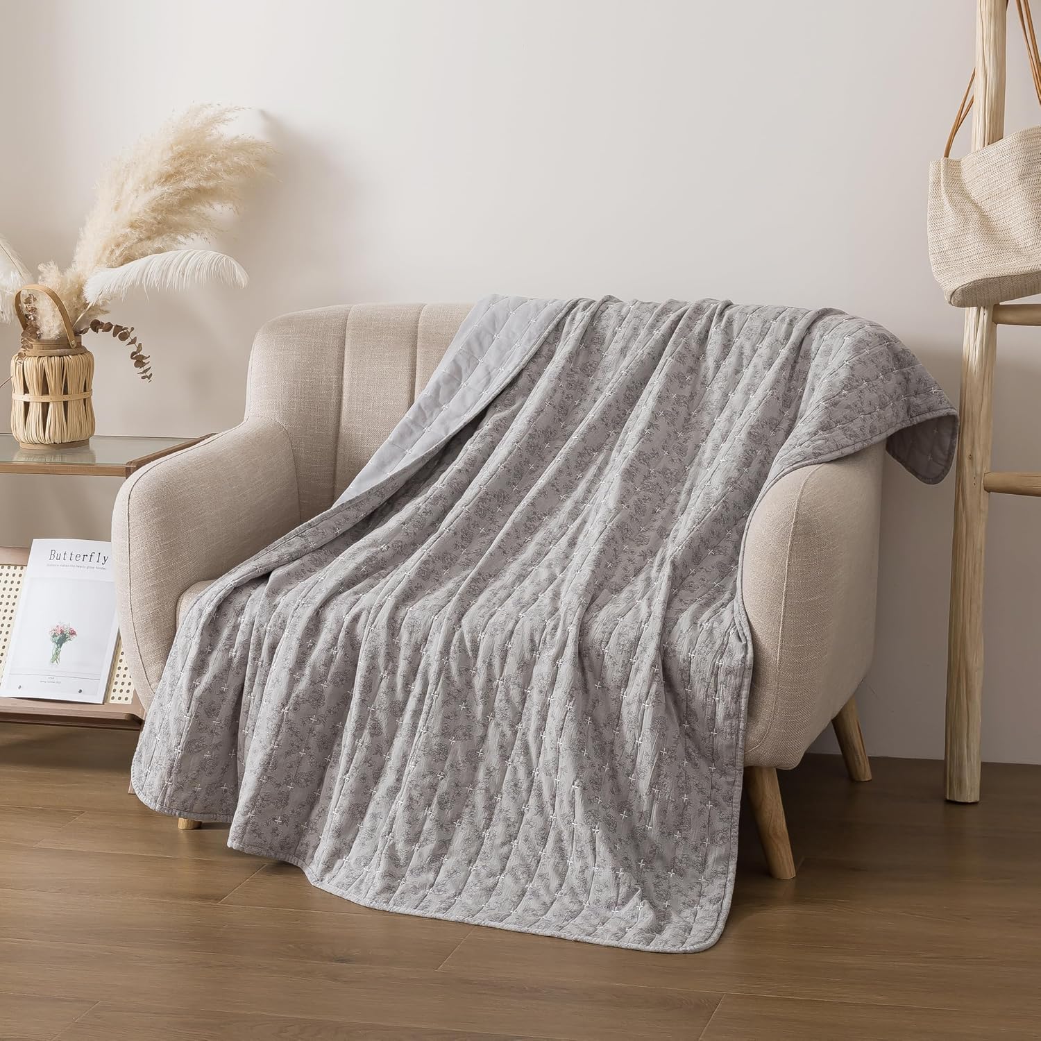 Grey Modern Floral Quilted Throw Blanket 50"x60"
