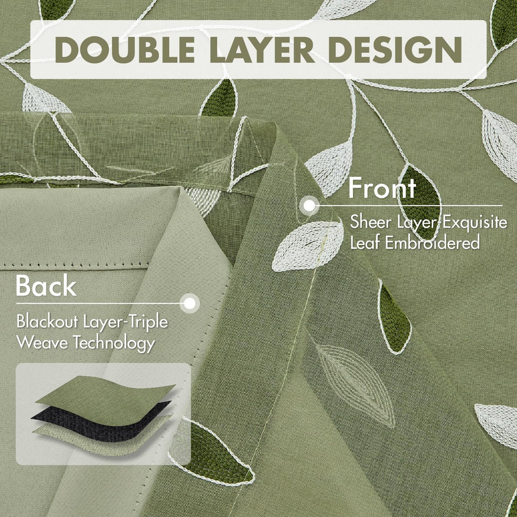 Sage Green Floral Double Layer Blackout Curtains 52Wx84L