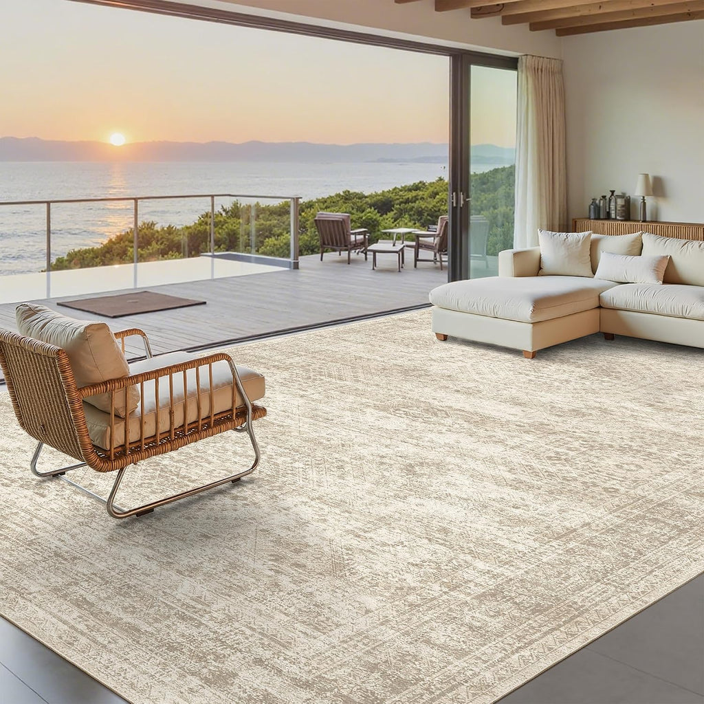 Beige Washable Large Vintage Rug