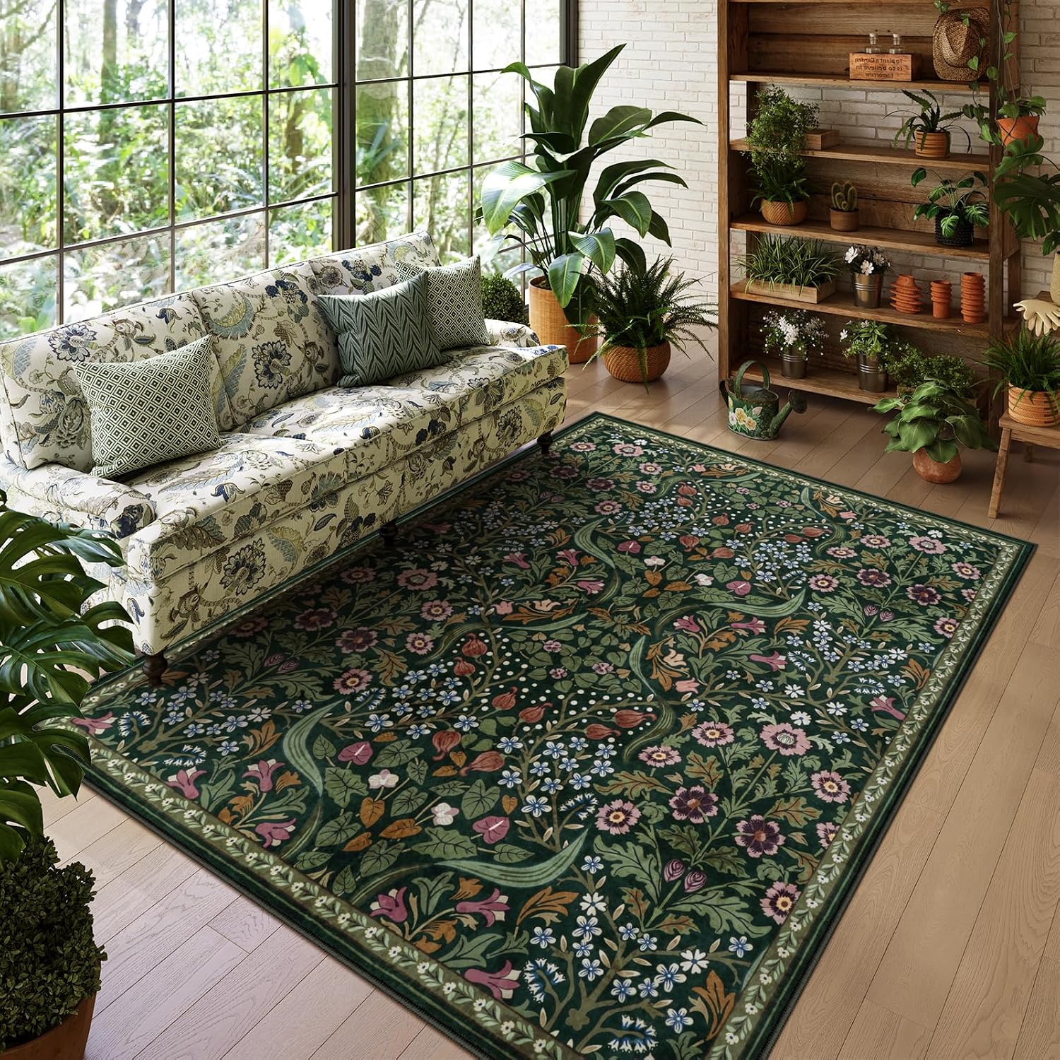 Green Floral Washable Area Rug 5x7