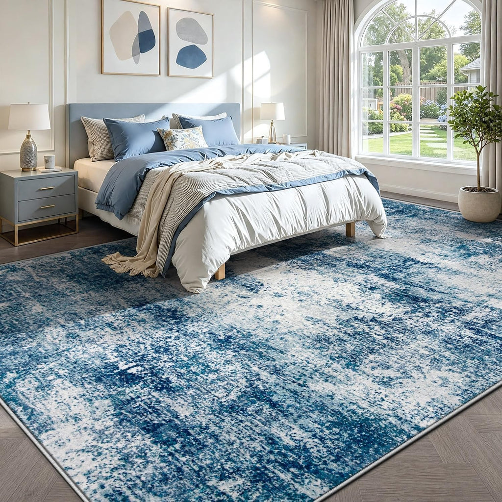Blue Abstract Washable Large Area Rug
