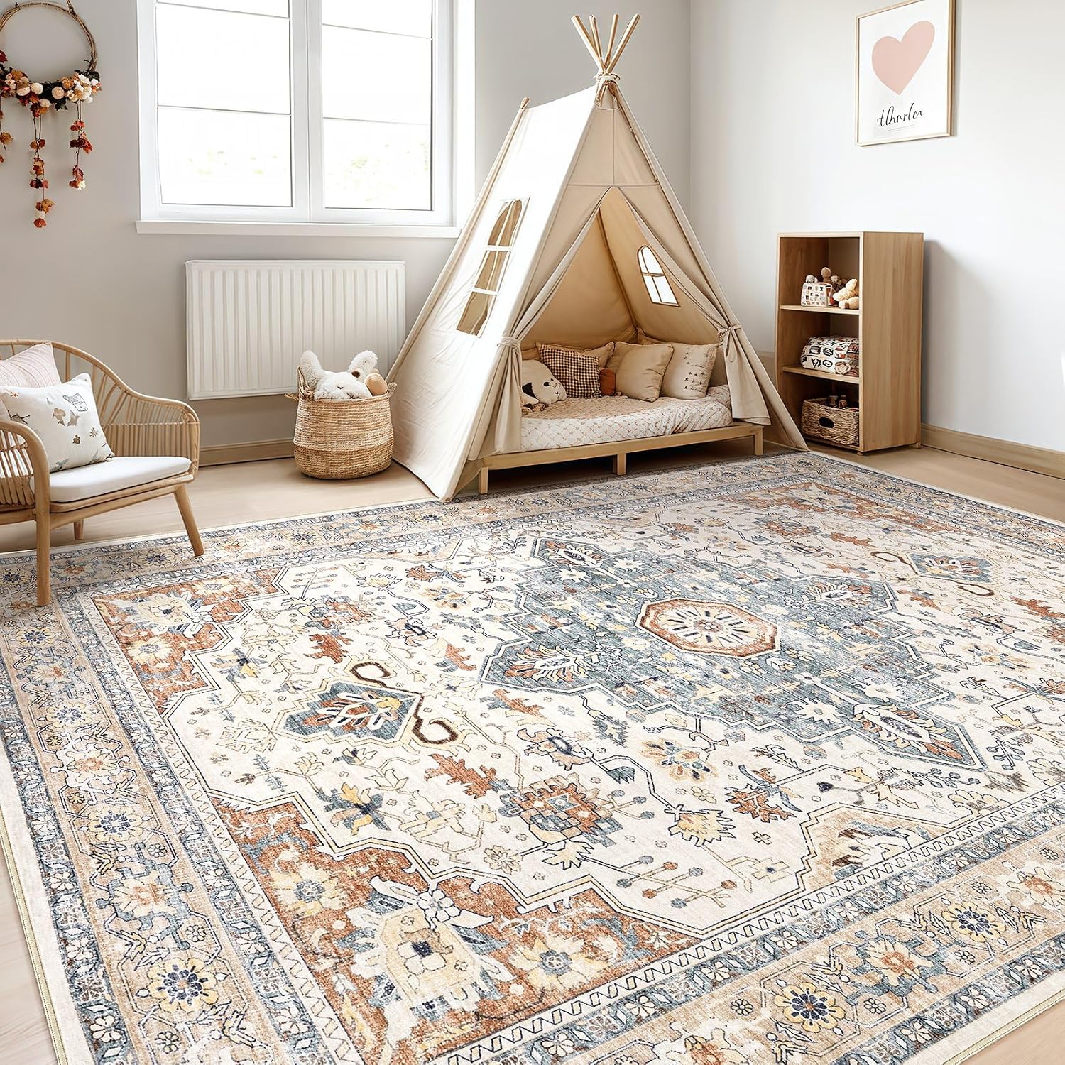 Beige Blue Washable Boho Area Rug