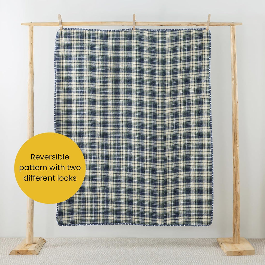 Blue Plaid Patchwork Cotton Quilted Throw 50"x60"
