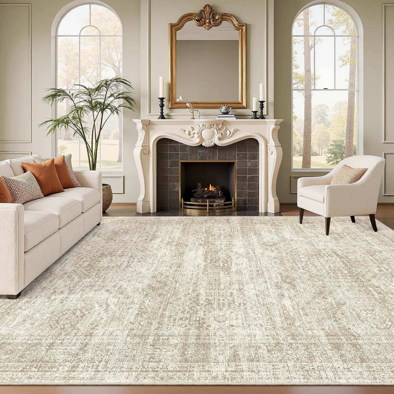 Beige Washable Large Vintage Rug
