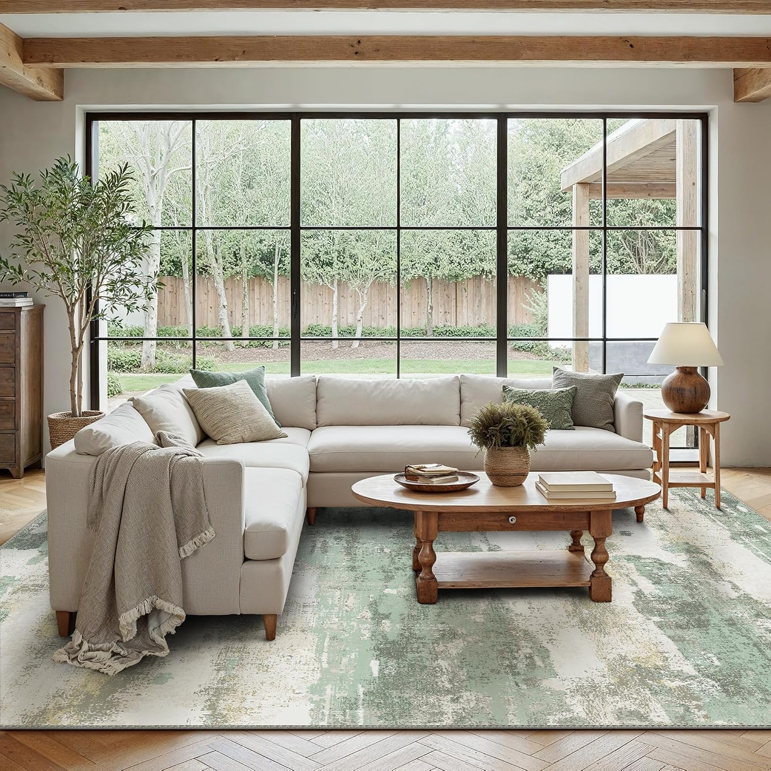 Light Green Abstract Washable Area Rug
