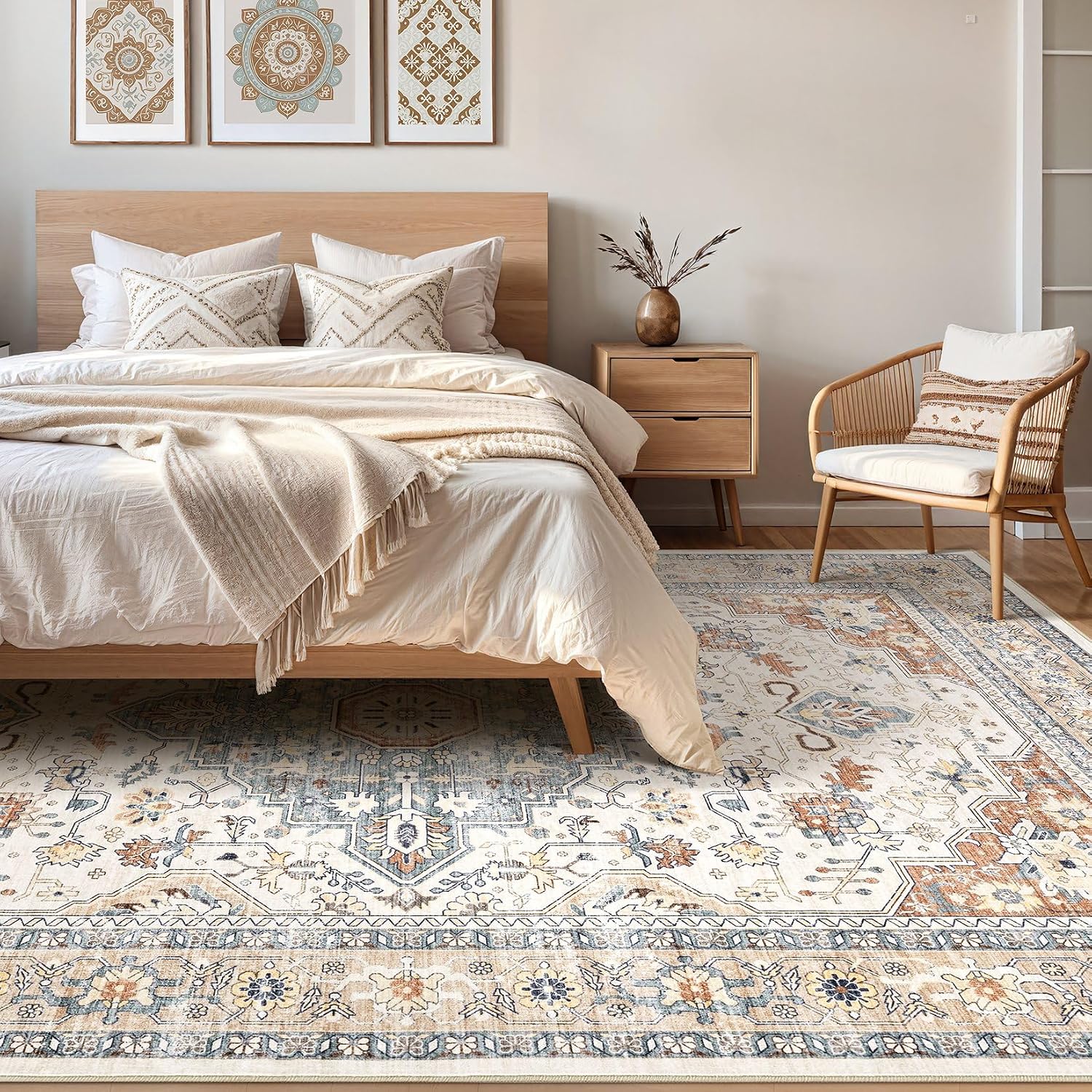 Beige Blue Washable Boho Area Rug