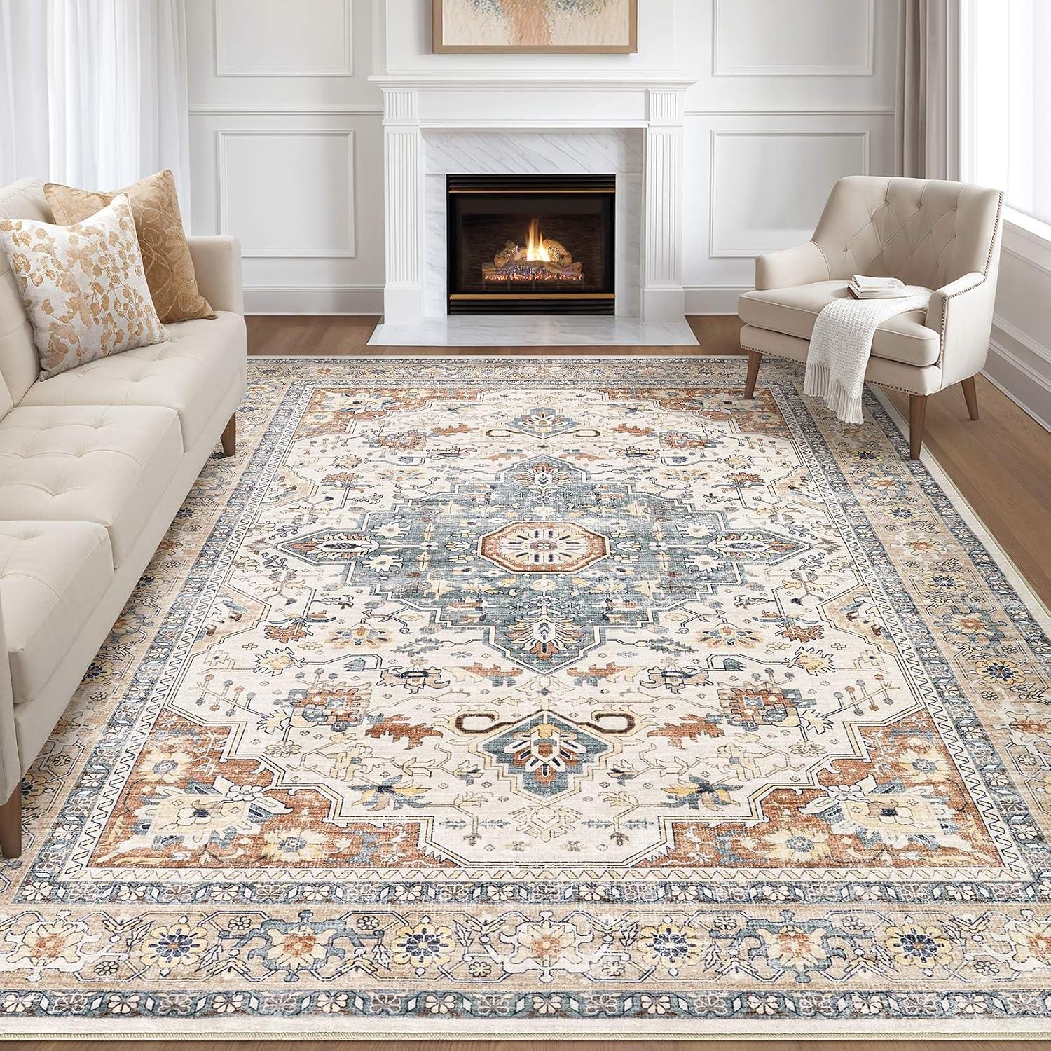 Beige Blue Washable Boho Area Rug