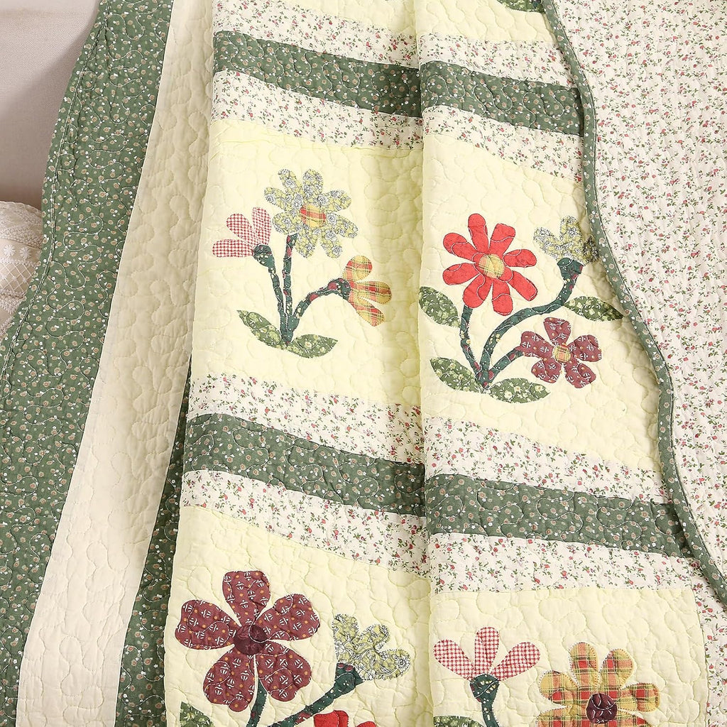 Green Floral Embroidered Reversible Cotton Quilted Throw 50"x60"