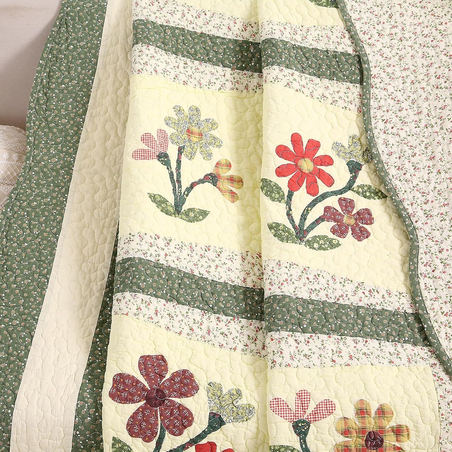 Green Floral Embroidered Reversible Cotton Quilted Throw 50"x60"