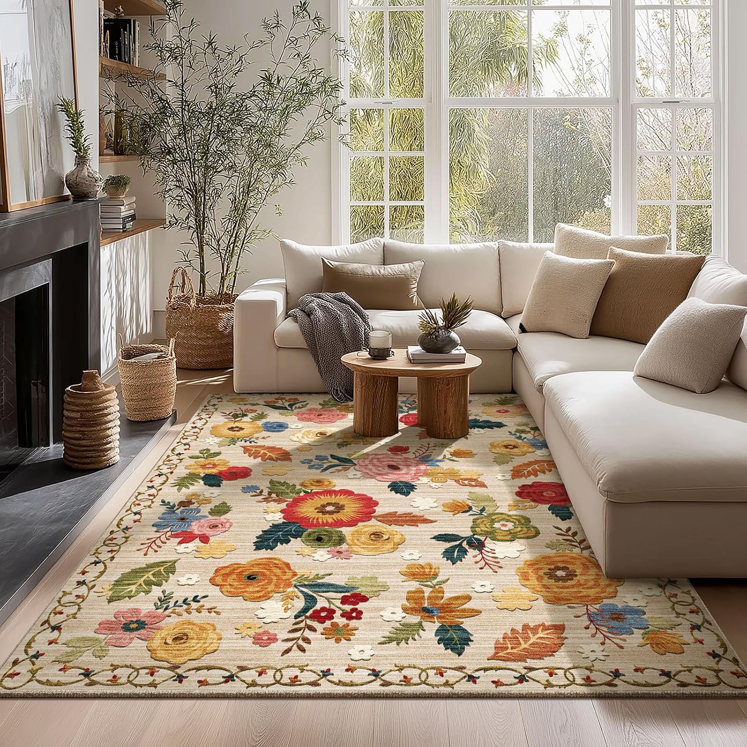 Washable Vintage Floral Area Rug