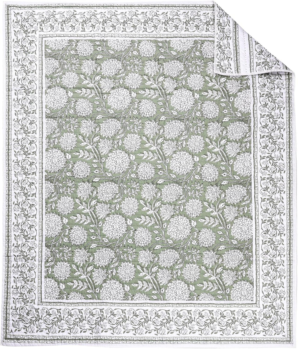Sage White Floral Reversible Cotton Quilted Throw 50x60in