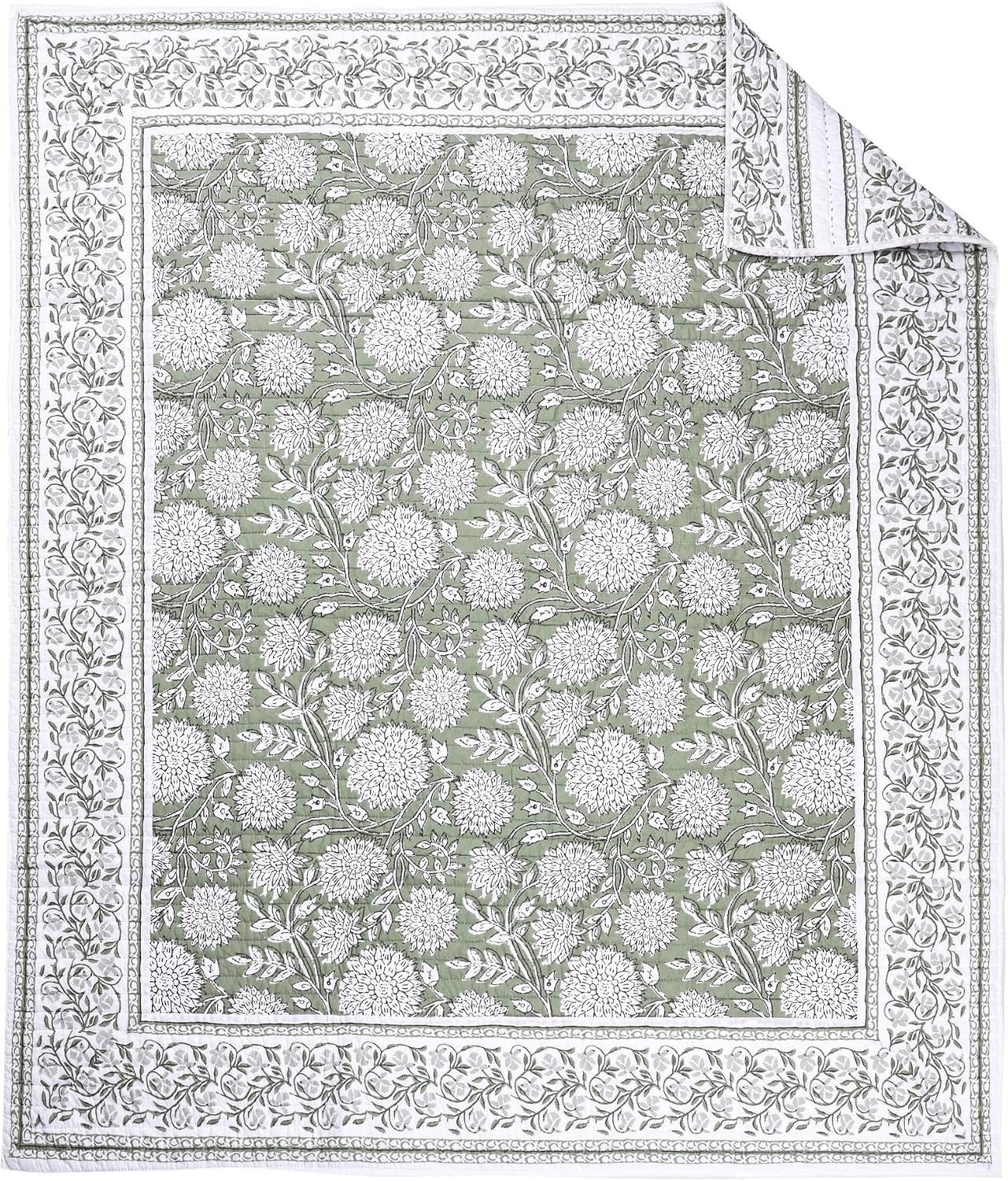 Sage White Floral Reversible Cotton Quilted Throw 50x60in