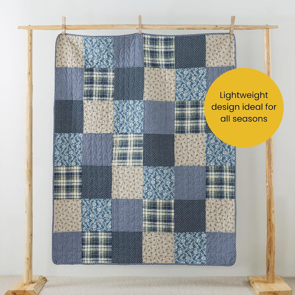 Blue Plaid Patchwork Cotton Quilted Throw 50"x60"