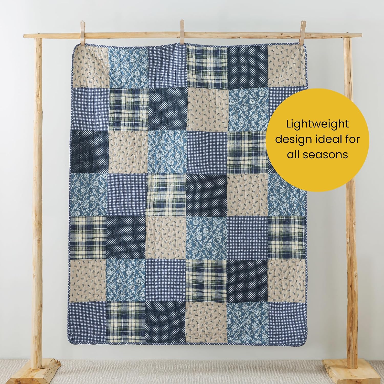 Blue Plaid Patchwork Cotton Quilted Throw 50"x60"